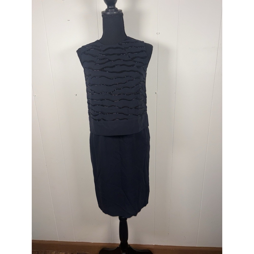 Lafayette 148 New York sleeveless beaded silk sheath dress ink blue size 2